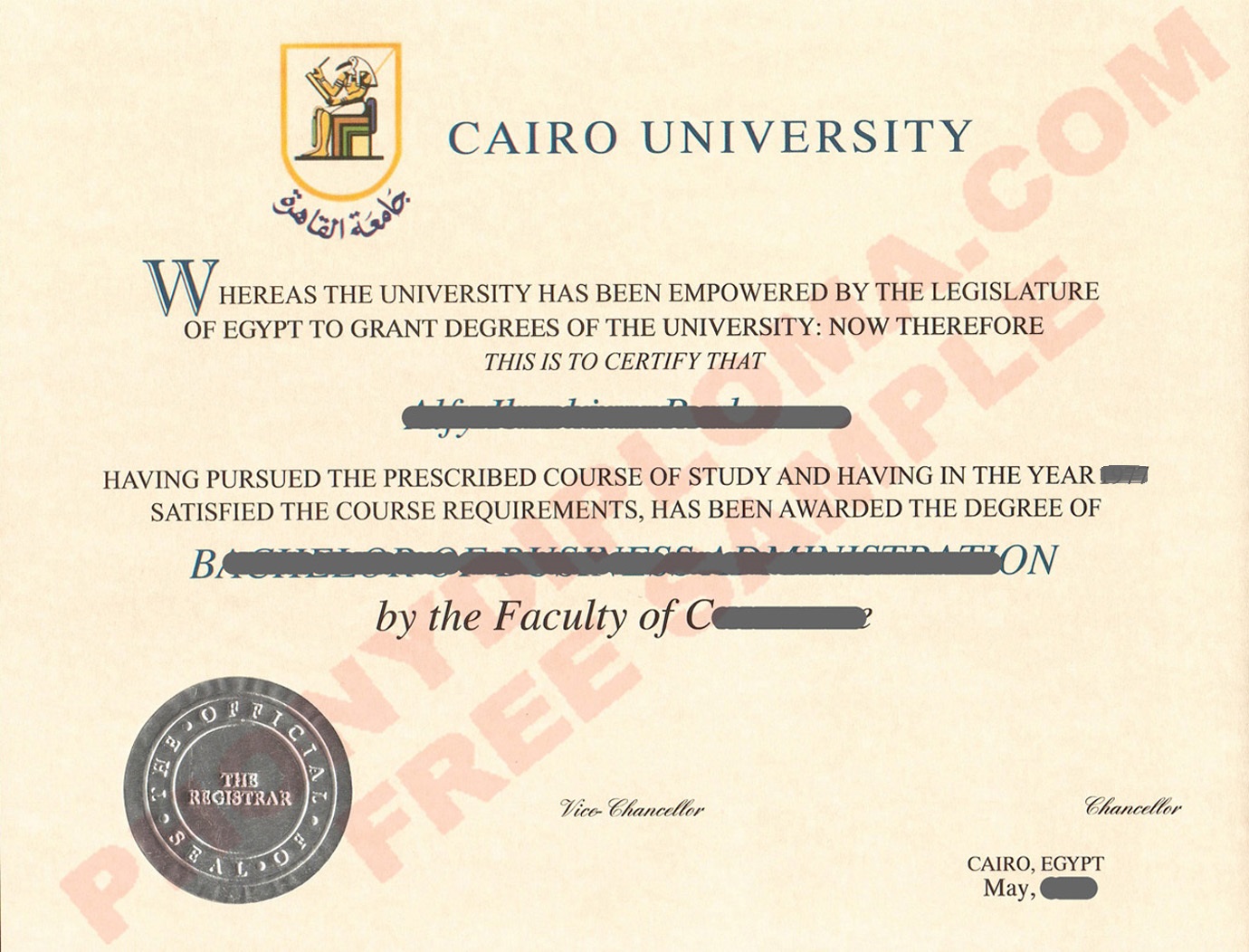 Cairo University Egypt Fake Diploma Sample From Phonydiploma